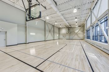 A basketball court with a wooden floor and a basketball hoop.